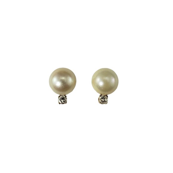 14 Karat Yellow Gold Pearl and Diamond Stud Earrings #17587